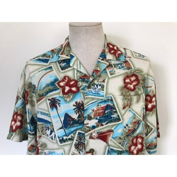 NWT BIG DOGS Short Sleeve Hawaiian Shirt Mens Size Small Postcard Floral Martini - Picture 2 of 8